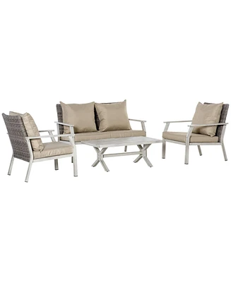 Outsunny Outdoor 4pcs Patio Furniture Set, 2 Plastic Rattan Chairs, 1 Pe Wicker Loveseat Sofa, 1 Center Coffee Table, Soft Cushions for Backyard, Gard