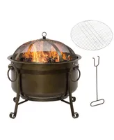 Outsunny 30" Outdoor Fire Pit Grill, Portable Steel Wood Burning Bowl, Cooking Grate, Poker, Spark Screen Lid for Patio, Backyard, Bbq, Camping, Bronz