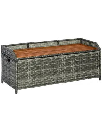 Outsunny Outdoor Storage Bench Wicker Deck Boxes with Wooden Seat, Gas Spring, Rattan Container Bin with Lip, Ideal for Storing Tools, Accessories and