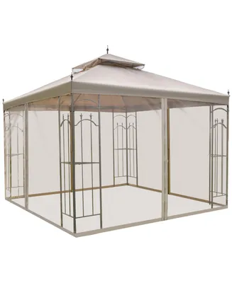 Outsunny 10' x 10' Steel Outdoor Patio Gazebo Canopy with Removable Mesh Curtains, Display Shelves, & Steel Frame