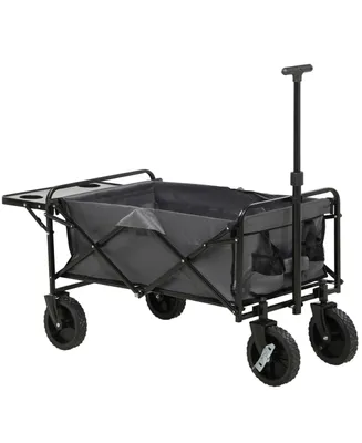 Outsunny Collapsible Wagon with Adjustable Handle, Folding Table and Cup Holders, Heavy Duty Garden Carts with Wheels, Dark Gray