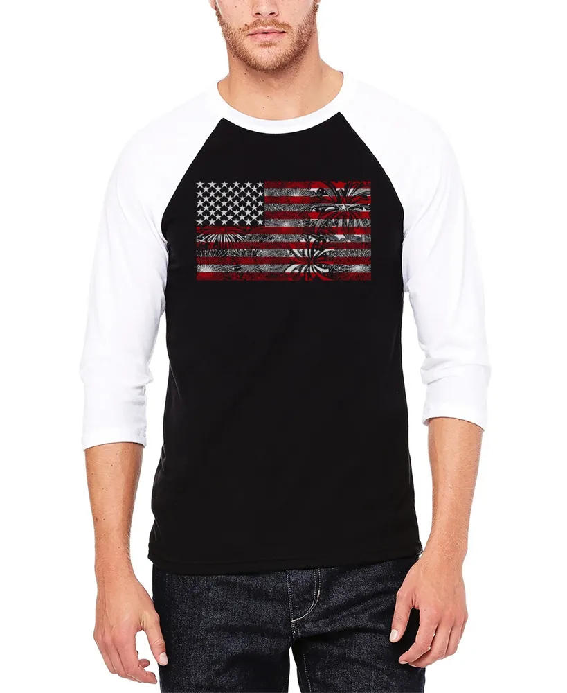 La Pop Art Men's Raglan Baseball Word Fireworks American Flag T-shirt