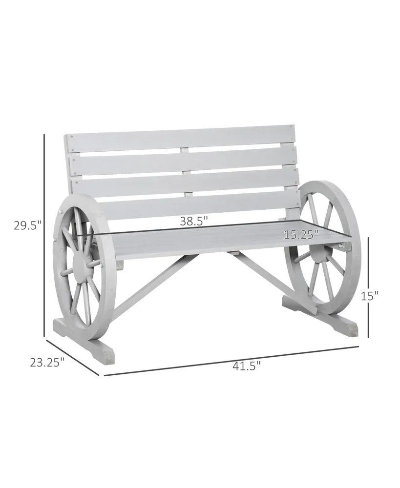 Outsunny Wooden Wagon Wheel Bench, Rustic Outdoor Patio Furniture, 2-Person Seat Bench with Backrest, Light Grey