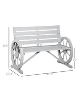 Outsunny Wooden Wagon Wheel Bench, Rustic Outdoor Patio Furniture, 2-Person Seat Bench with Backrest, Light Grey