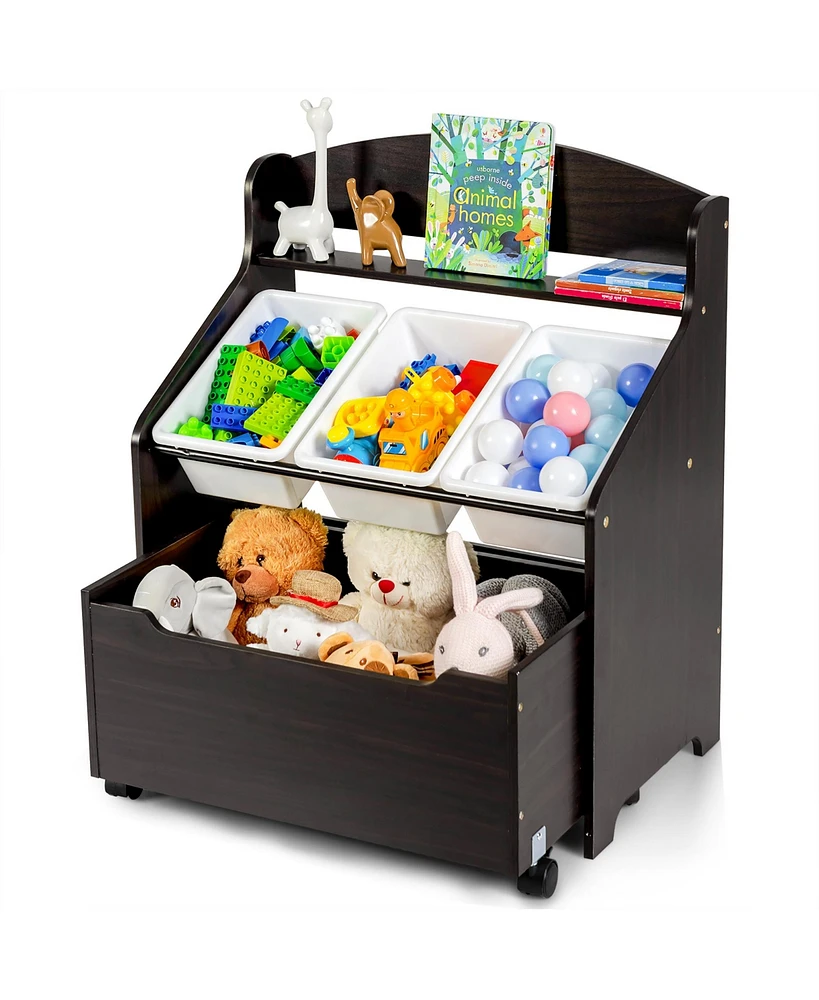 Costway Kids Wooden Toy Storage Unit Organizer w/Rolling Box & Plastic Bins