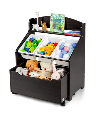 Costway Kids Wooden Toy Storage Unit Organizer w/Rolling Box & Plastic Bins
