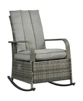 Outsunny Outdoor Rattan Wicker Rocking Chair Patio Recliner with Soft Cushion, Adjustable Footrest, Max. 135 Degree Backrest