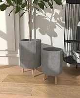 Gray Ceramic Indoor Outdoor Planter with Wood Legs Set of 2