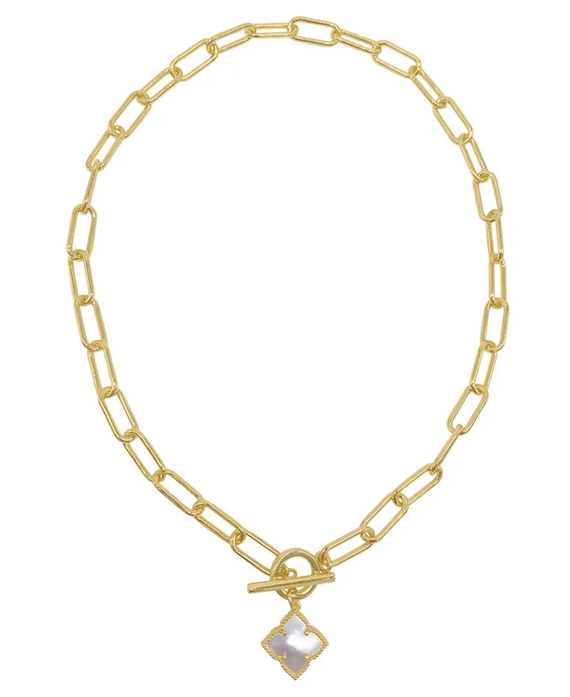 Adornia 19" Paper Clip Chain Toggle 14K Gold Plated Flower White Imitation Mother of Pearl Necklace