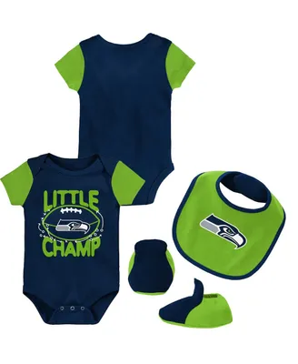 Newborn and Infant Boys and Girls College Navy, Neon Green Seattle Seahawks Little Champ Three-Piece Bodysuit Bib and Booties Set