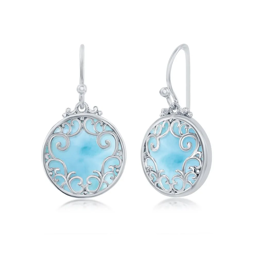 Sterling Silver Round Larimar Filigree Designed Earrings