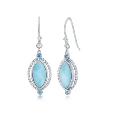 Sterling Silver Marquise Larimar with Round Blue Cz Rope Design Earrings