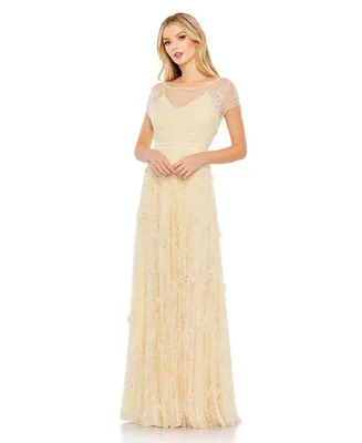 Women's Embellished Illusion Cap Sleeve Gown