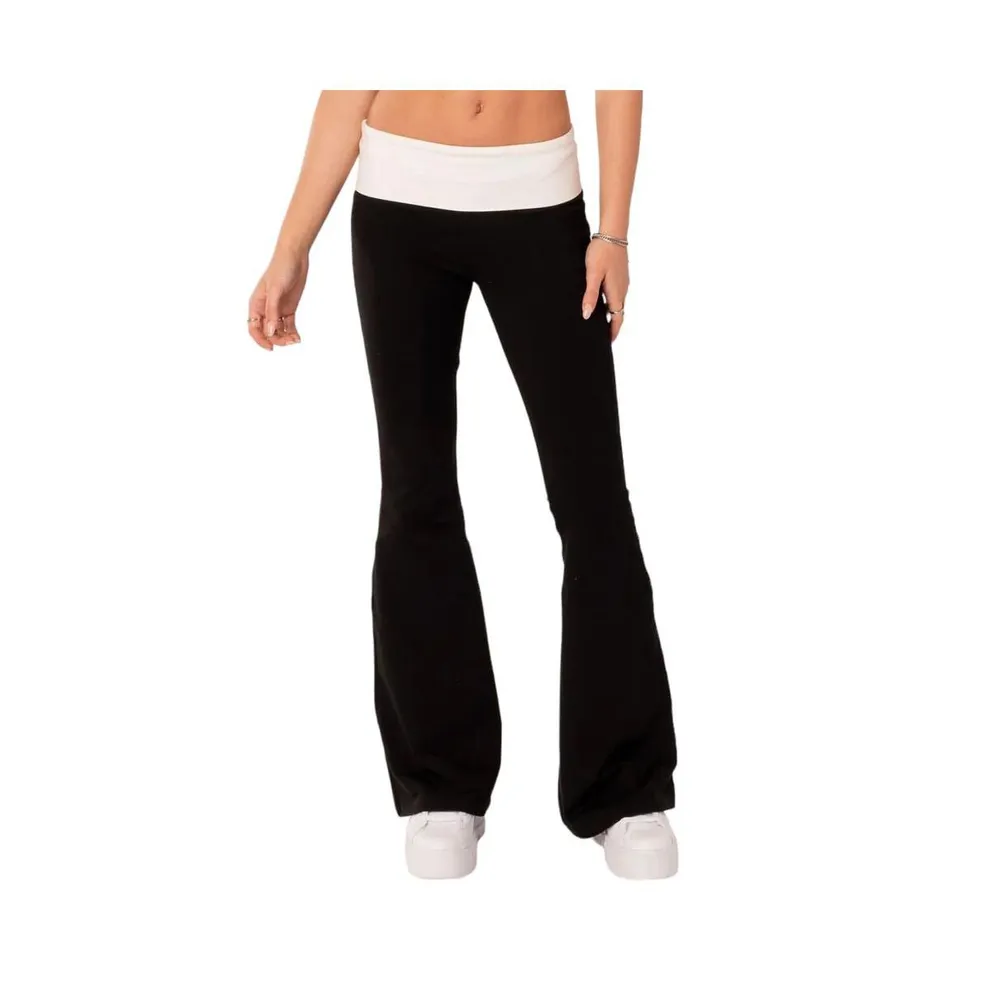 Contrast Fold Over Flared Leggings - BLACK AND WHITE / L