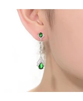 Genevive Sterling Silver With White Gold Plated Clear And Green Cubic Zirconia Double Haloed Drop Earrings