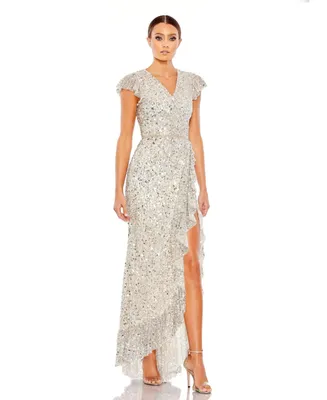 Women's Sequined Faux Wrap Ruffle Cap Sleeve Gown