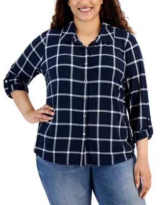 Tommy Hilfiger Plus Size Plaid Roll-Tab-Sleeve Button-Down Knit Shirt