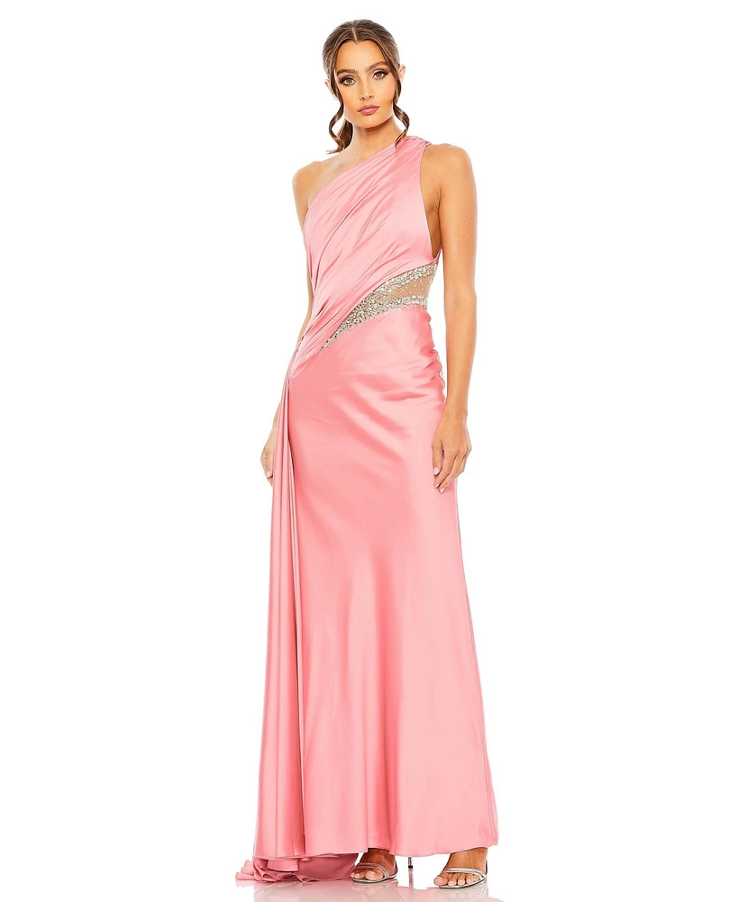 Women's One Shoulder Embellished Satin Gown