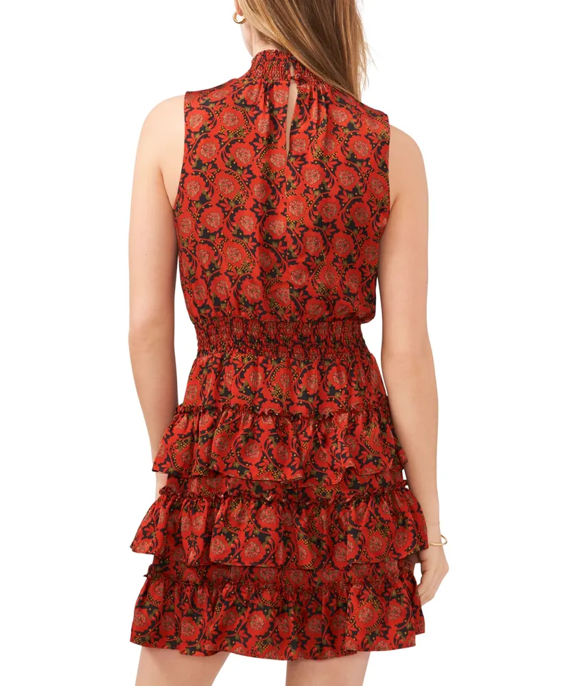 1.state Women's Printed Smocked Sleeveless Mock Neck Tiered Mini Dress