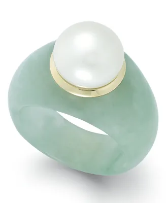 Cultured Freshwater Pearl Jade Ring 14k Gold (9mm)