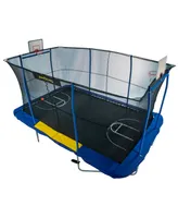 JumpKing 10' x 15' Rectangular Trampoline with Double Basketball Hoops, Inflatable Ball, Court Print and Foot Step