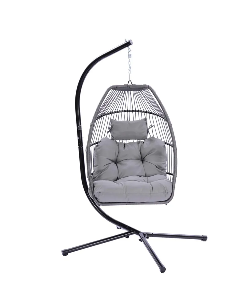 Simplie Fun Outdoor Patio Wicker Folding Hanging Chair, Rattan Swing Hammock Egg Chair With Cushion