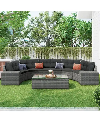 Simplie Fun 8-Pieces Outdoor Wicker Round Sofa Set, Half-Moon Sectional Sets All Weather, Curved Sofa Set