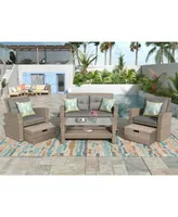 Simplie Fun Patio Furniture Set, 4 Piece Outdoor Conversation Set All Weather Wicker Sectional Sofa