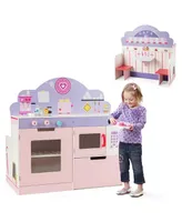 Costway 2 in 1 Kids Play Kitchen & Cafe Restaurant Wooden Pretend Cooking Playset Toy