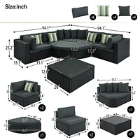 Simplie Fun 7-Piece Outdoor Wicker Sofa Set, Rattan Sofa Lounger, With Striped Pillows