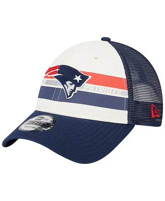 Men's New Era Cream, Navy New England Patriots Team Stripe Trucker 9FORTY Snapback Hat