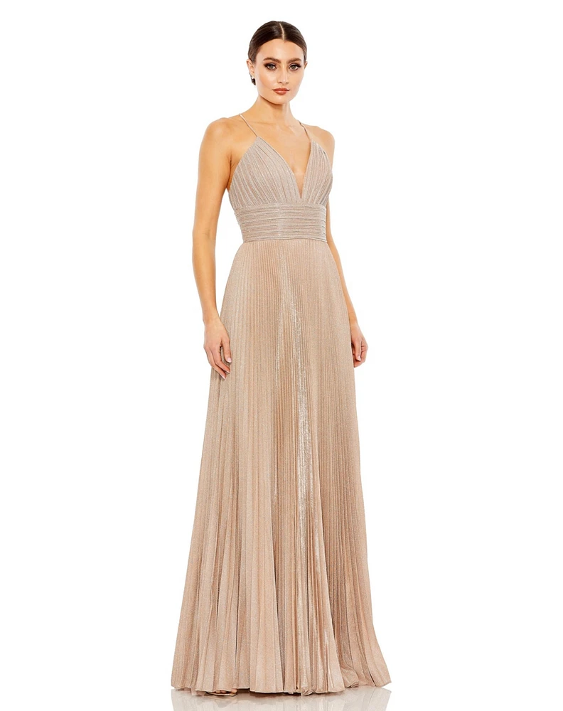 Women's Ieena Shimmer Pleated V-Neck Open Back Gown