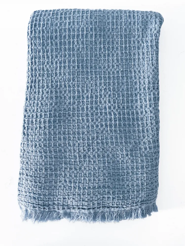 Anaya Home Stonewashed Bay Blue Turkish Cotton Waffle Throw Blanket 50x70