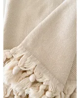 Anaya Home Beige Turkish Cotton Herringbone Throw Blanket with Tassels 55x75