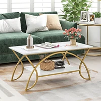 Coffee Table Modern Marble 2-Tier Coffee Table Gold Rectangle