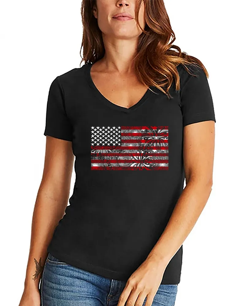 La Pop Art Women's Fireworks American Flag V-neck T-shirt