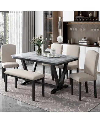 Simplie Fun Modern Style 6-Piece Dining Table With 4 Chairs & 1 Bench, Table With Marbled Veneers Table