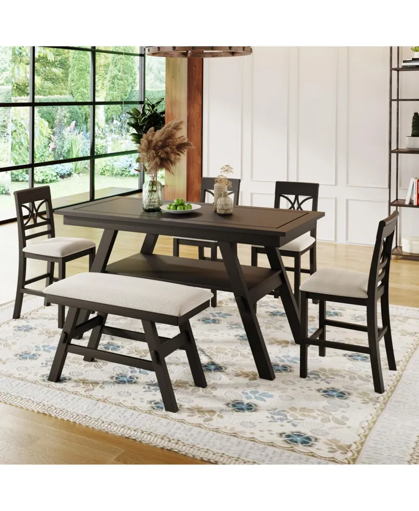 Simplie Fun 6-Piece Wood Counter Height Dining Table Set With Storage Shelf, Kitchen Table Set With Bench