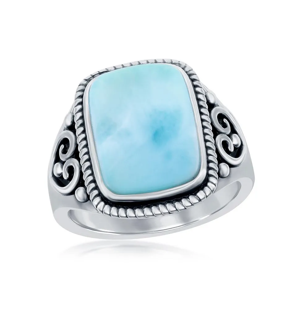 Sterling Silver Rectangle Larimar Filigree Design Ring