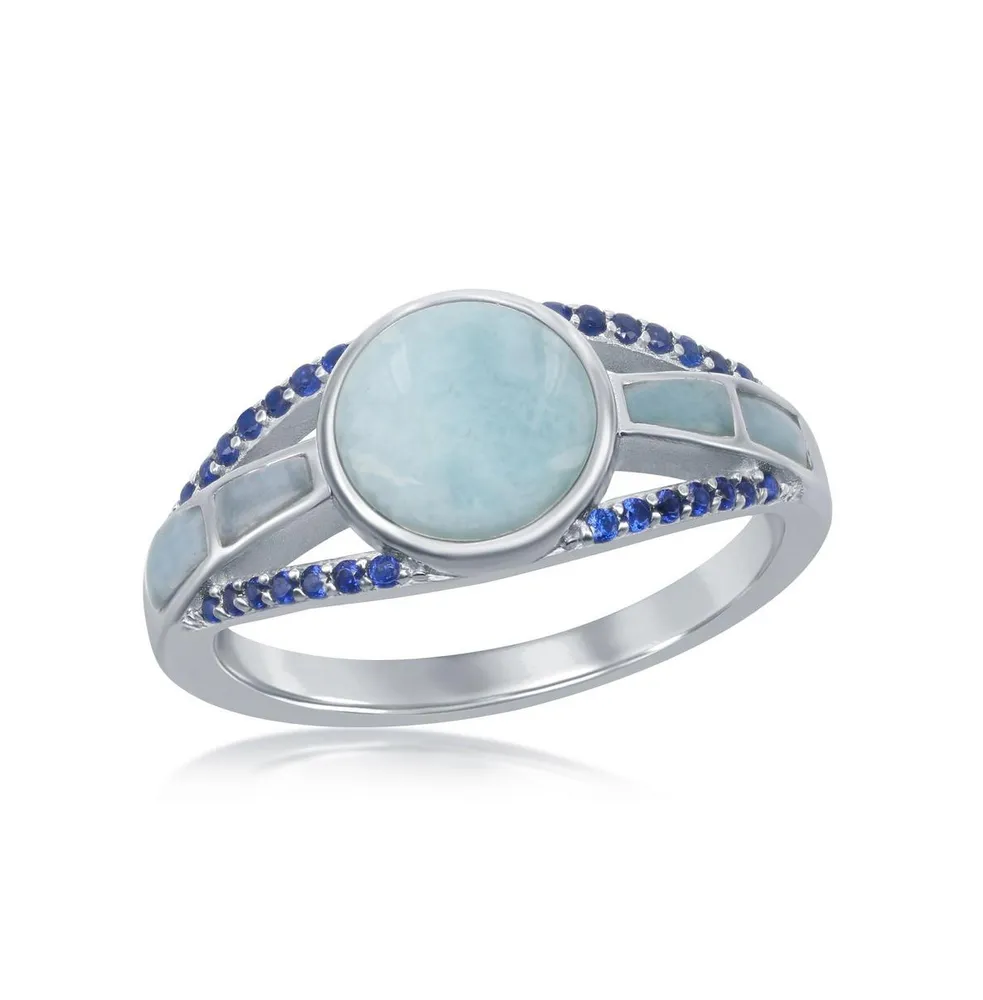 Sterling Silver Round Larimar Open Shank Sapphire Cz Ring