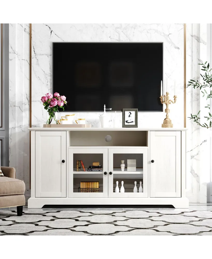 Simplie Fun Tv Stand For Tv Up To 65In With 2 Tempered Glass Doors Adjustable Panels Open Style Cabinet