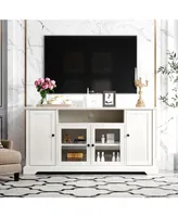 Simplie Fun Tv Stand For Tv Up To 65In With 2 Tempered Glass Doors Adjustable Panels Open Style Cabinet