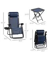 Outsunny 3-Piece Outdoor Chaise Lounger Chair Set, Folding Reclining Zero Gravity Chair with Side Table, Cup Holder and Headrest for Patio, Yard