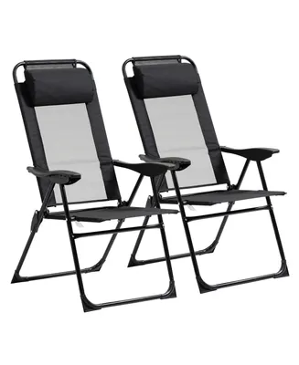 Outsunny Set of 2 Folding Patio Chairs, Camping Chairs with Adjustable Sling Back, Removable Headrest, Armrest for Garden, Backyard, Lawn