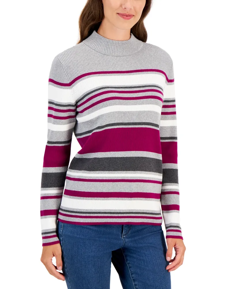 Karen Scott Blair Cotton Striped Rib Mock-Neck Sweater, Created