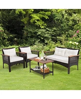 4PCS Patio Rattan Acacia Wood Furniture Set Cushion Sofa Armrest Deck