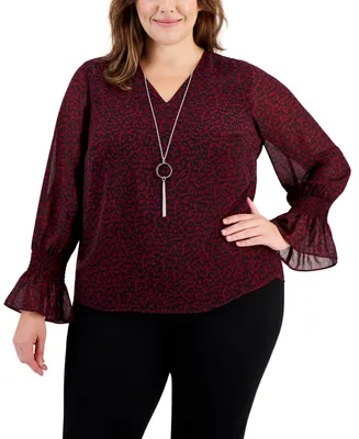 Jm Collection Plus Printed Smocked-Sleeve Necklace Top, Created for Macy's