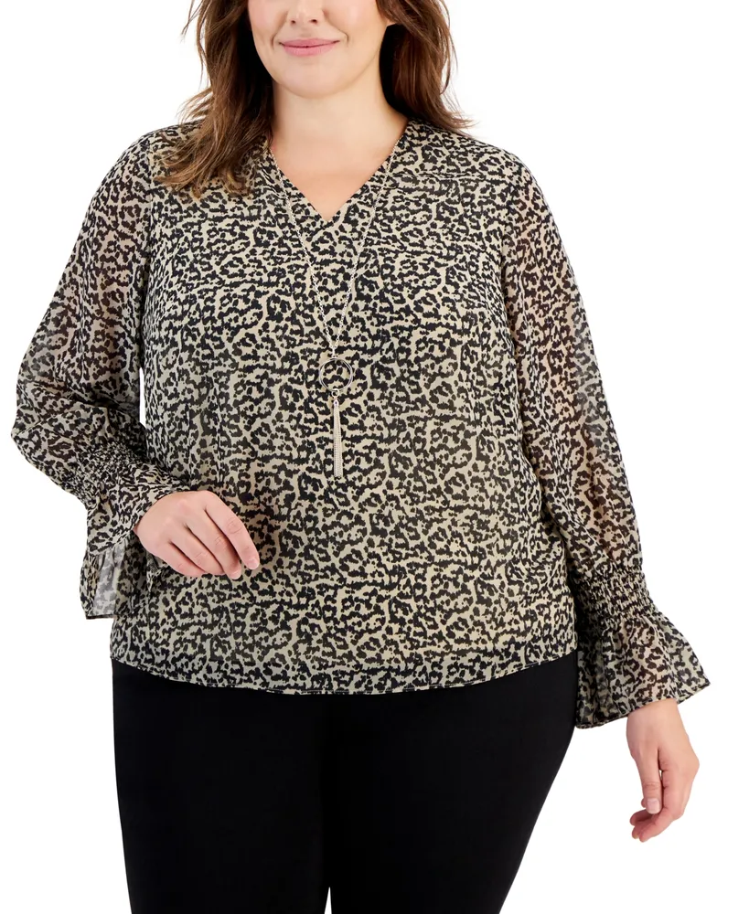 Jm Collection Plus Animal-Print V-Neck Top, Created for Macy's