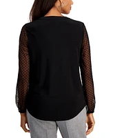 Kasper Women's Sheer-Sleeve Split-Neck Knit Top, Regular and Petite Sizes