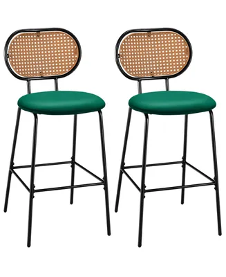 Set of 2 Bar Stools Faux Leather Bar Height Kitchen Chairs with Rattan Back